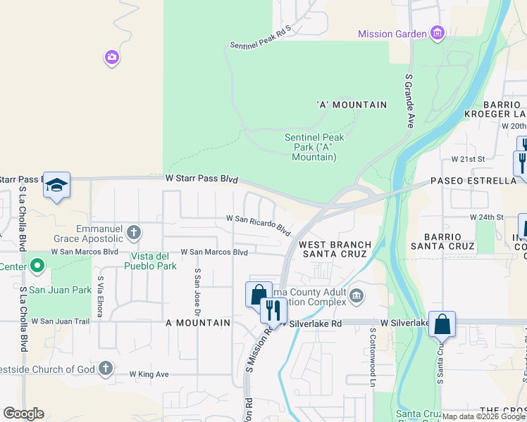 map of restaurants, bars, coffee shops, grocery stores, and more near 1339 Burdock Drive South in Tucson