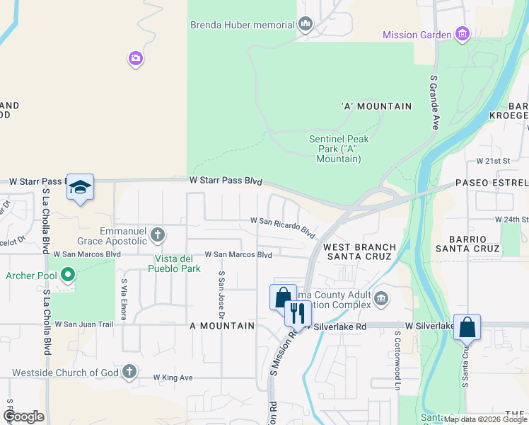 map of restaurants, bars, coffee shops, grocery stores, and more near 1316 South Flaxseed Drive in Tucson