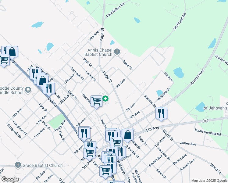 map of restaurants, bars, coffee shops, grocery stores, and more near 53 Page Street in Eastman