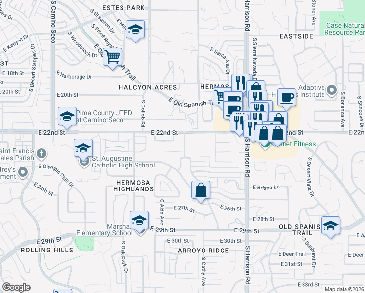 map of restaurants, bars, coffee shops, grocery stores, and more near 9233 East Calle Diego in Tucson