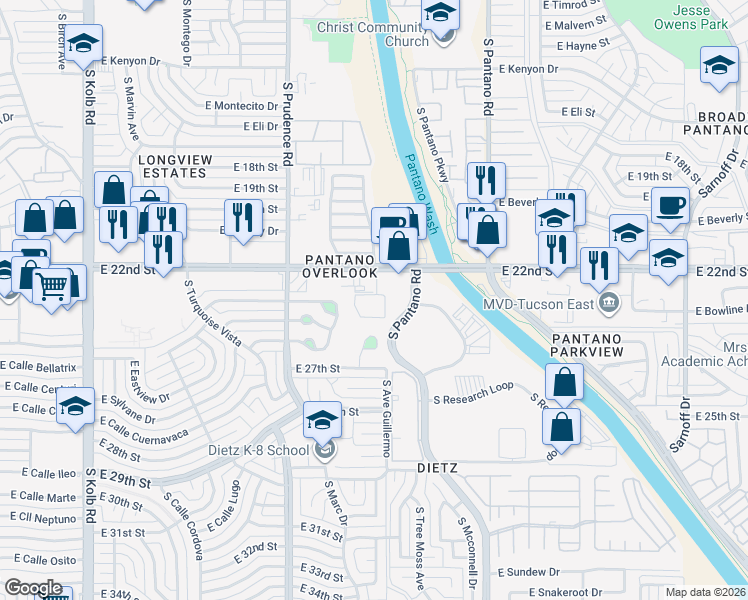 map of restaurants, bars, coffee shops, grocery stores, and more near 7662 East 22nd Street in Tucson