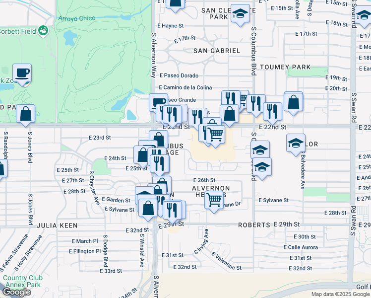 map of restaurants, bars, coffee shops, grocery stores, and more near 4010 East Juarez Street in Tucson