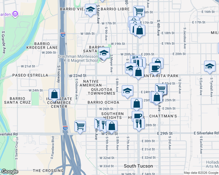 map of restaurants, bars, coffee shops, grocery stores, and more near 1321 South 9th Avenue in Tucson