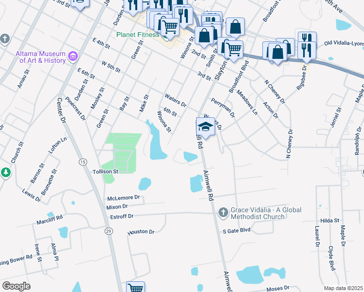 map of restaurants, bars, coffee shops, grocery stores, and more near 1254 Susan Way in Vidalia