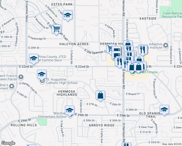 map of restaurants, bars, coffee shops, grocery stores, and more near 9233 East Calle Diego in Tucson