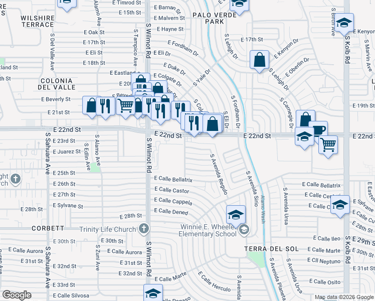 map of restaurants, bars, coffee shops, grocery stores, and more near 6401 East Calle Alkaid in Tucson