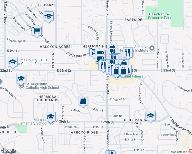 map of restaurants, bars, coffee shops, grocery stores, and more near 9417 East Rockhouse Peak Place in Tucson