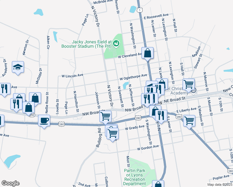 map of restaurants, bars, coffee shops, grocery stores, and more near 150 North Victory Drive in Lyons