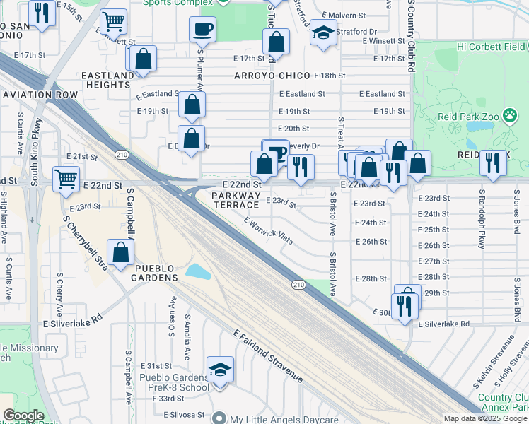 map of restaurants, bars, coffee shops, grocery stores, and more near 1406 South Tucson Boulevard in Tucson