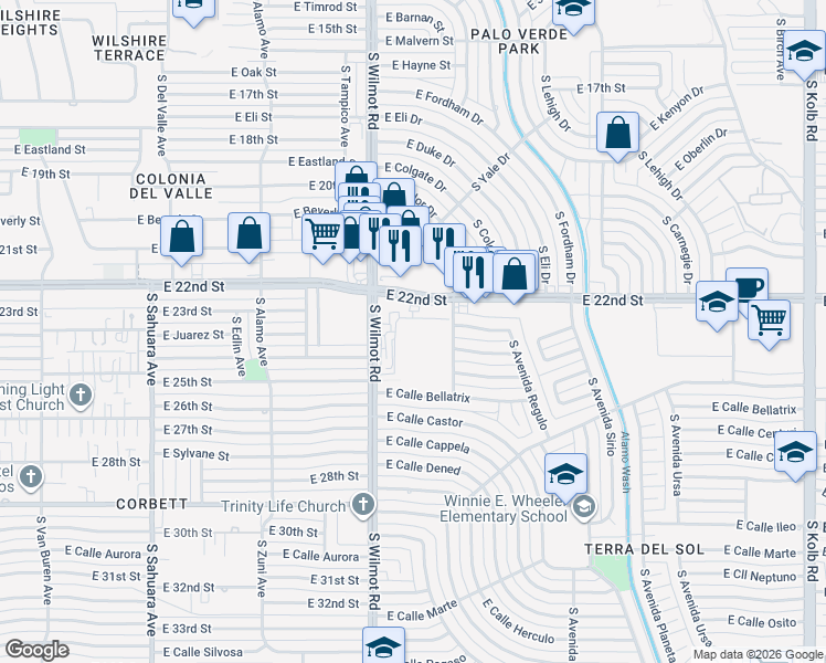 map of restaurants, bars, coffee shops, grocery stores, and more near 1342 South Avenida Polar in Tucson