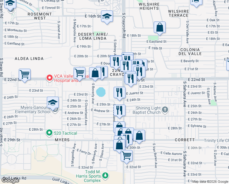 map of restaurants, bars, coffee shops, grocery stores, and more near 1256 South Craycroft Road in Tucson