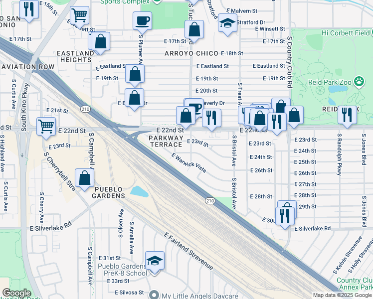 map of restaurants, bars, coffee shops, grocery stores, and more near 1406 South Tucson Boulevard in Tucson