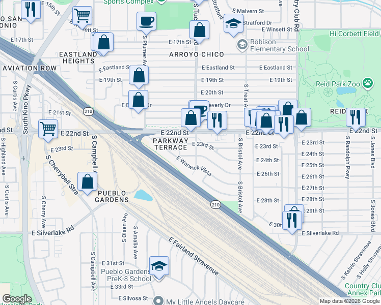 map of restaurants, bars, coffee shops, grocery stores, and more near 1406 South Tucson Boulevard in Tucson