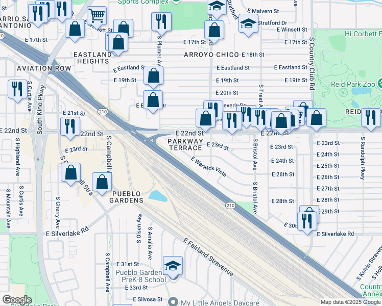 map of restaurants, bars, coffee shops, grocery stores, and more near 2368 East Warwick Vista in Tucson