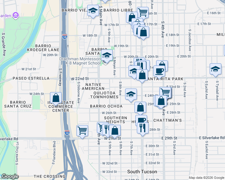 map of restaurants, bars, coffee shops, grocery stores, and more near 1321 South 9th Avenue in Tucson