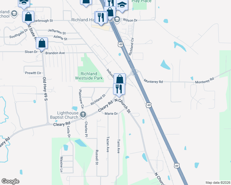 map of restaurants, bars, coffee shops, grocery stores, and more near 107 Plainview Circle in Richland