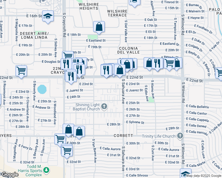 map of restaurants, bars, coffee shops, grocery stores, and more near 5807 East 23rd Street in Tucson