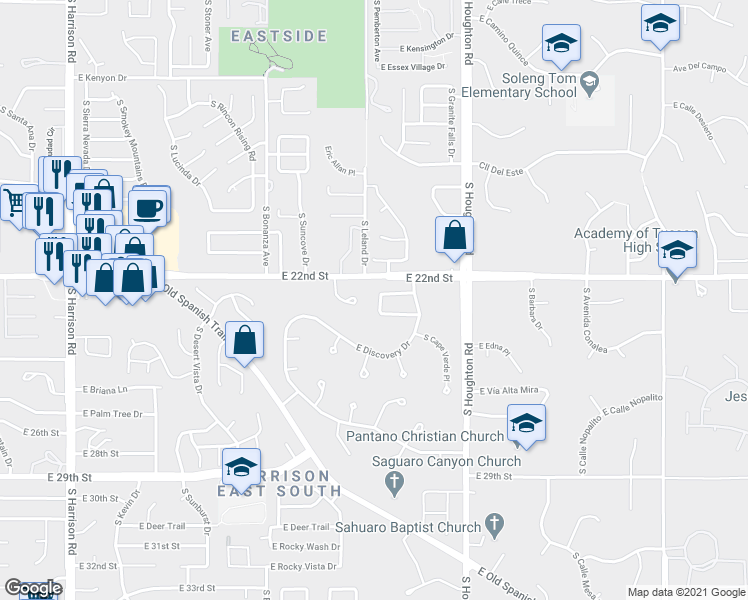 map of restaurants, bars, coffee shops, grocery stores, and more near 1288 South Home View Lane in Tucson