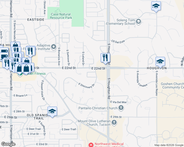 map of restaurants, bars, coffee shops, grocery stores, and more near 10193 East Pleasant View Way in Tucson