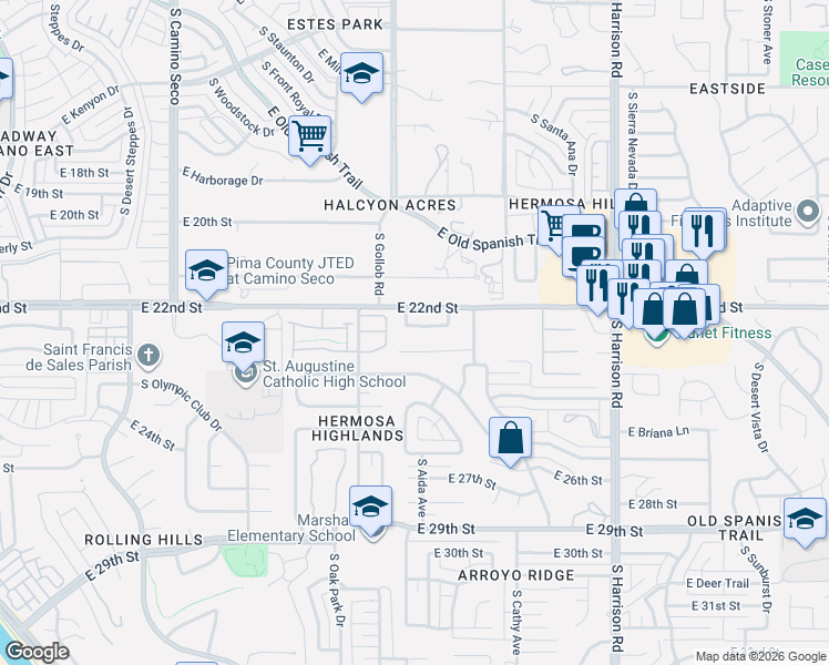 map of restaurants, bars, coffee shops, grocery stores, and more near 9130 East Calle María in Tucson