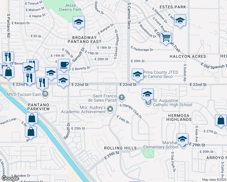 map of restaurants, bars, coffee shops, grocery stores, and more near 1242 South Camino Seco in Tucson