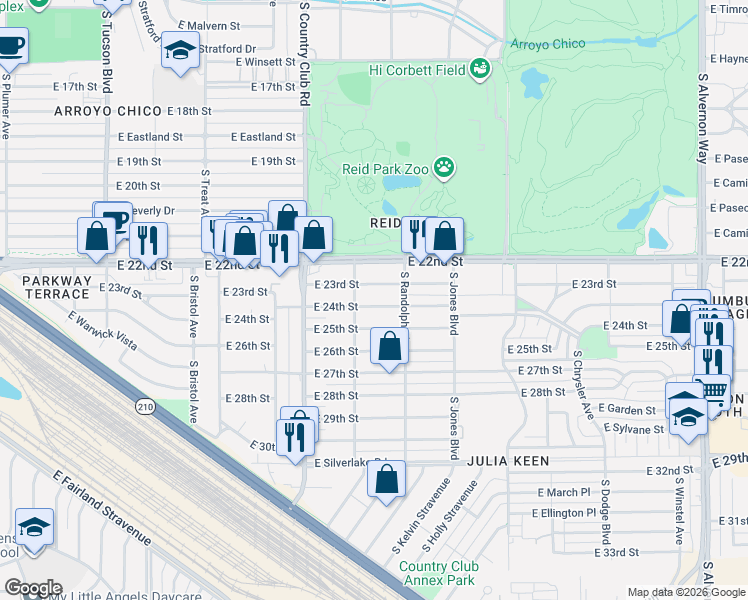 map of restaurants, bars, coffee shops, grocery stores, and more near 3236 East 24th Street in Tucson