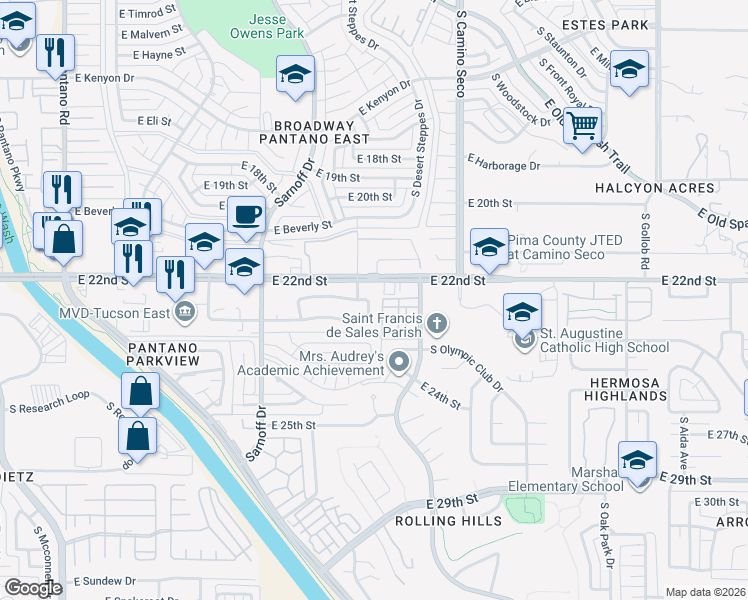 map of restaurants, bars, coffee shops, grocery stores, and more near 8505 East Bowline Road in Tucson
