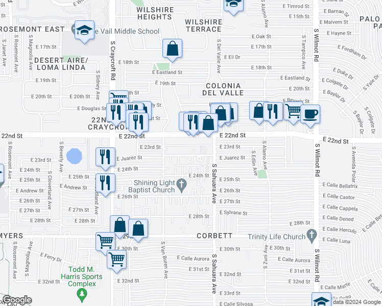 map of restaurants, bars, coffee shops, grocery stores, and more near 5820 East 23rd Street in Tucson