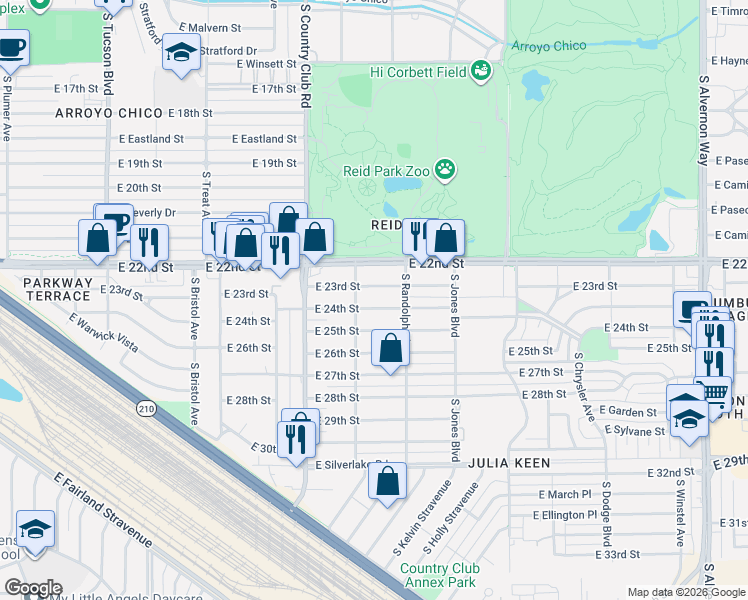 map of restaurants, bars, coffee shops, grocery stores, and more near 3236 East 24th Street in Tucson