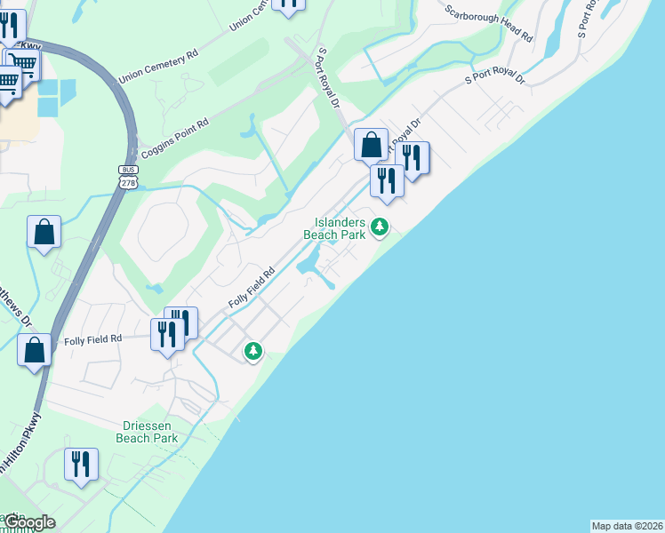 map of restaurants, bars, coffee shops, grocery stores, and more near 85 Folly Field Road in Hilton Head Island