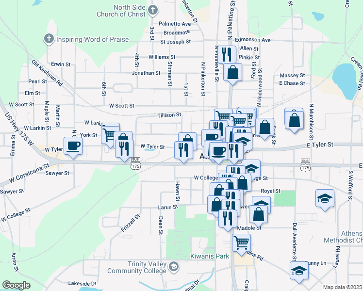 map of restaurants, bars, coffee shops, grocery stores, and more near 300 West Corsicana Street in Athens