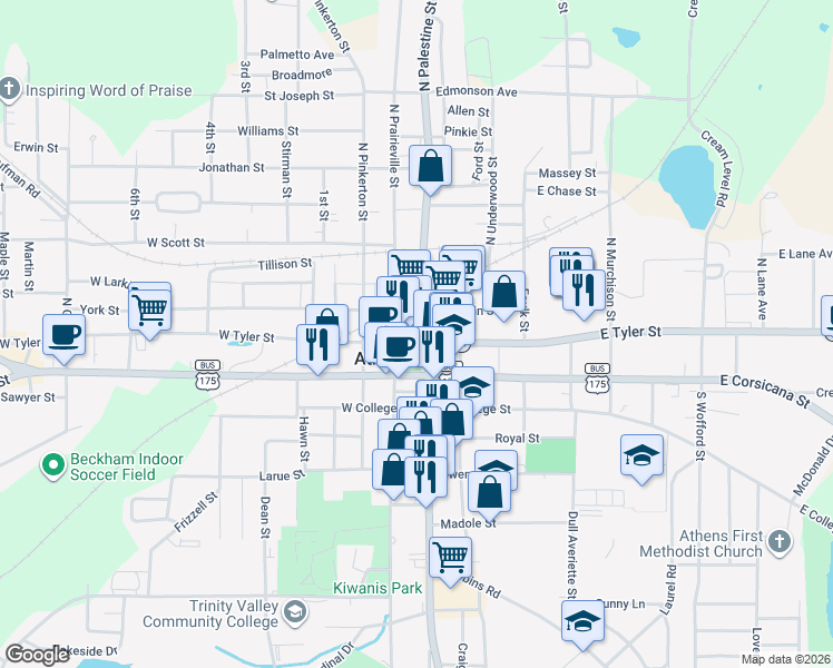 map of restaurants, bars, coffee shops, grocery stores, and more near 100 East Tyler Street in Athens