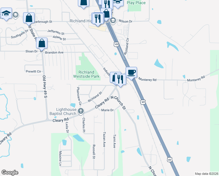 map of restaurants, bars, coffee shops, grocery stores, and more near 107 Plainview Cir in Richland