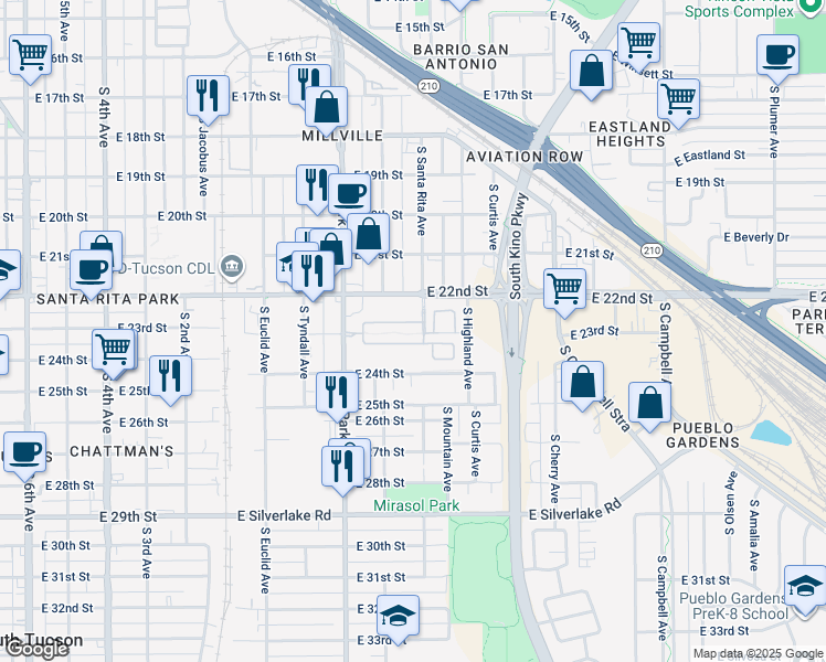 map of restaurants, bars, coffee shops, grocery stores, and more near 1040 East 23rd Street in Tucson