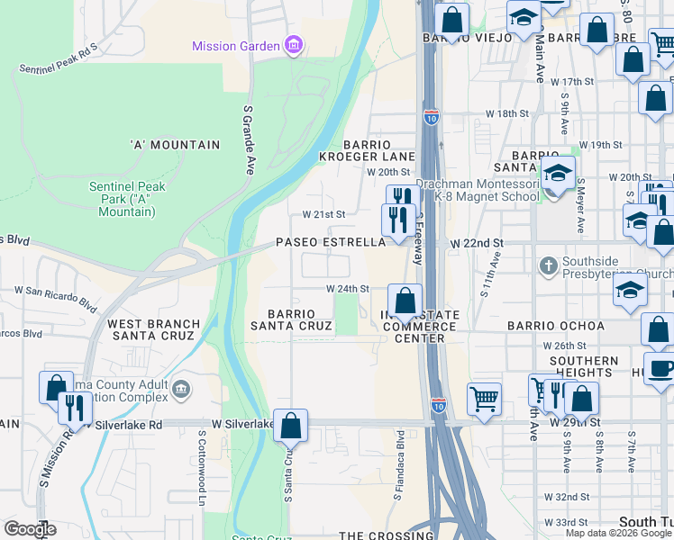 map of restaurants, bars, coffee shops, grocery stores, and more near 861 West Calle Estrella De Noche in Tucson