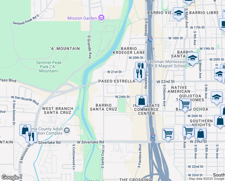 map of restaurants, bars, coffee shops, grocery stores, and more near 949 West Calle Estrella De Noche in Tucson
