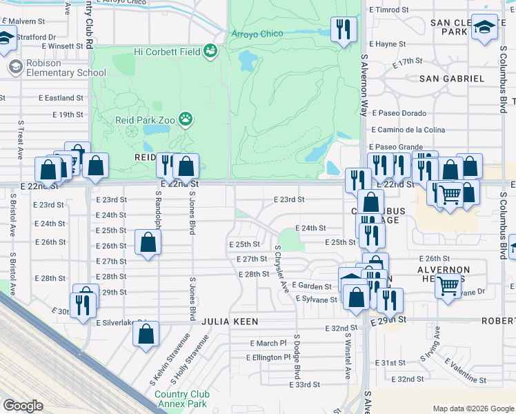 map of restaurants, bars, coffee shops, grocery stores, and more near 1249 South Normount Avenue in Tucson