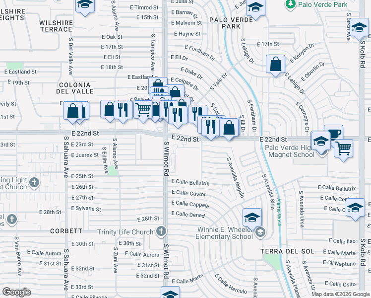 map of restaurants, bars, coffee shops, grocery stores, and more near 1318 South Avenida Polar in Tucson