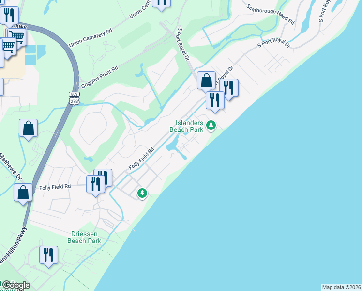 map of restaurants, bars, coffee shops, grocery stores, and more near 85 Folly Field Road in Hilton Head Island