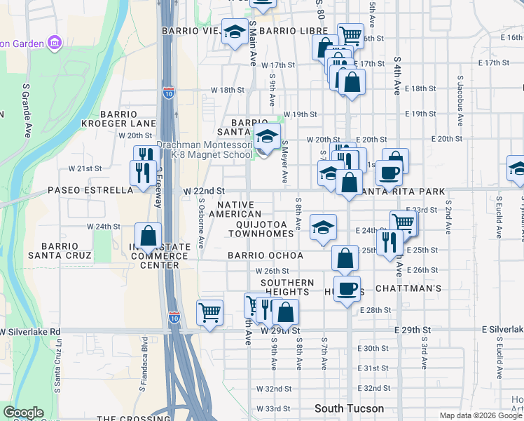 map of restaurants, bars, coffee shops, grocery stores, and more near 347 West 22nd Street in Tucson