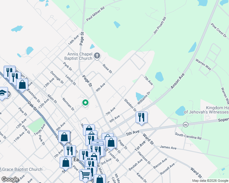 map of restaurants, bars, coffee shops, grocery stores, and more near 5336 Sheldon Street in Eastman