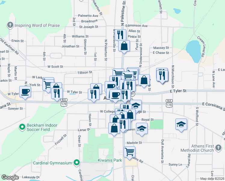map of restaurants, bars, coffee shops, grocery stores, and more near 209 North Prairieville Street in Athens