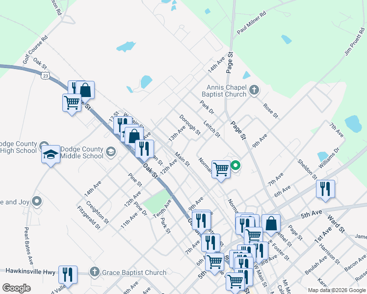 map of restaurants, bars, coffee shops, grocery stores, and more near 5804 Ada Street in Eastman