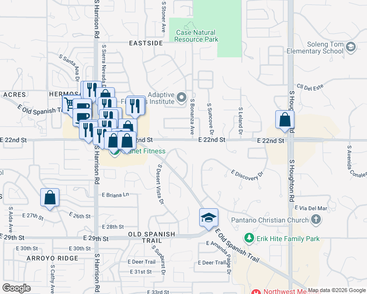 map of restaurants, bars, coffee shops, grocery stores, and more near 9832 East Pinyon Pine Drive in Tucson