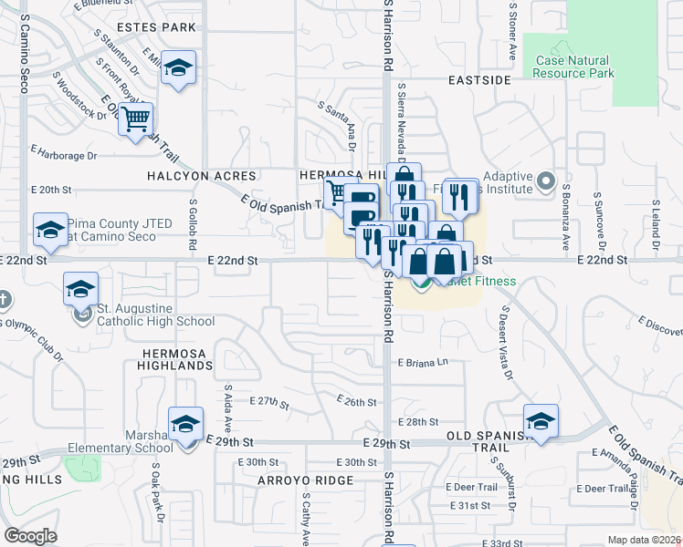 map of restaurants, bars, coffee shops, grocery stores, and more near 9451 East 22nd Street in Tucson