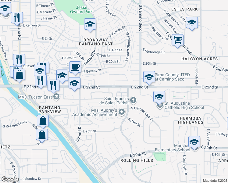 map of restaurants, bars, coffee shops, grocery stores, and more near 8503 Lusk Drive in Tucson