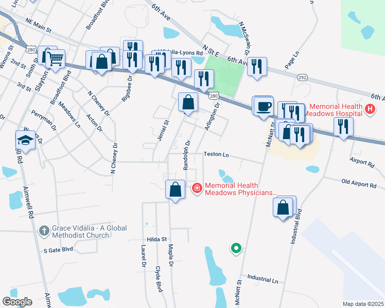 map of restaurants, bars, coffee shops, grocery stores, and more near 301-313 Arlington Drive in Vidalia