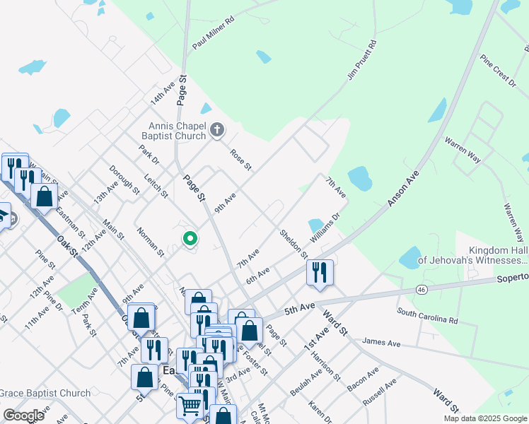 map of restaurants, bars, coffee shops, grocery stores, and more near 5336 Sheldon Street in Eastman