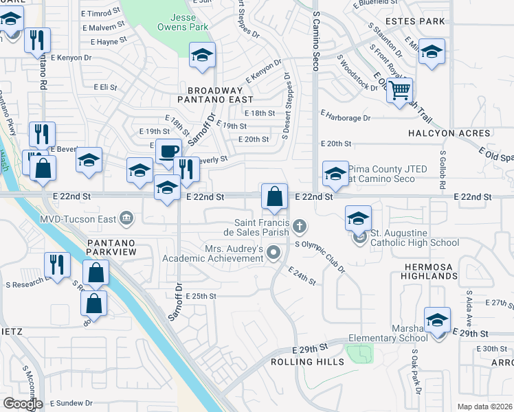 map of restaurants, bars, coffee shops, grocery stores, and more near 8503 Lusk Drive in Tucson