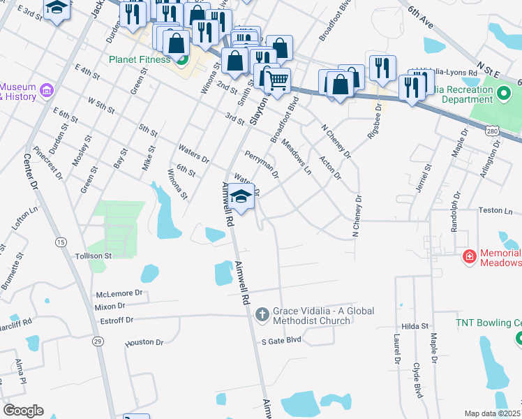 map of restaurants, bars, coffee shops, grocery stores, and more near Waters Drive in Vidalia